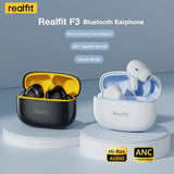 Realfit F3 Fones Bluetooth com Cancelamento Ativo de Ruído (ANC), Chamadas com Cancelamento de Ruído (ENC), Som HiFi Estéreo, Graves Superiores, Earbuds Sem Fio para Esportes e Jogos