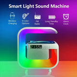 Carregador Sem Fio Multifuncional com Suporte, Alto-falante Bluetooth 5.0, Rádio FM, Cartão TF, Luz Noturna RGB e Estação de Carregamento Rápido para iPhone, Samsung, Xiaomi.